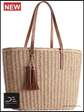 Medium Straw Tote Bag Woven Summer Handmade Shoulder Handbag